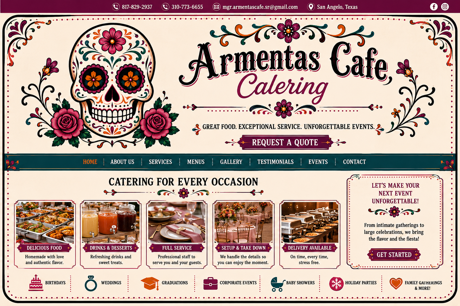 Armentas Cafe Catering sugar skull roses branded graphic